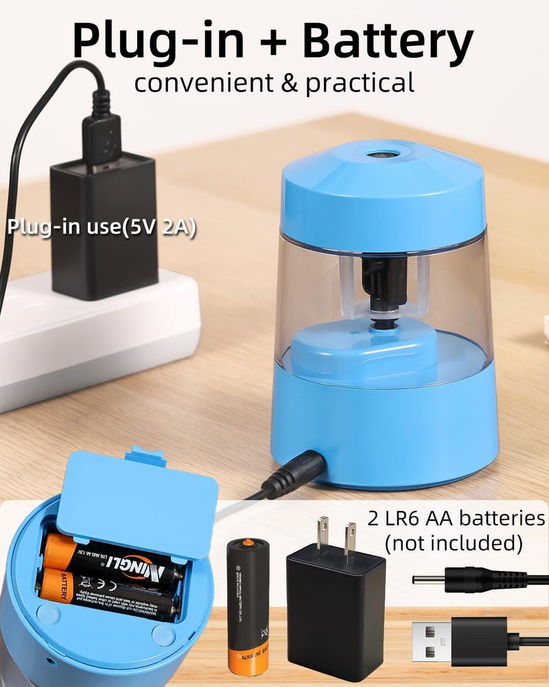 Zmol Electric Pencil Sharpener Battery Operated Power Kids for Colored & Jumbo Pencils No.2/(6-12mm) - Safe & Easy Use Plug in Portable with (AC Adapter,USB, Battery) for Classroom/Office/Home Blue - Image 4